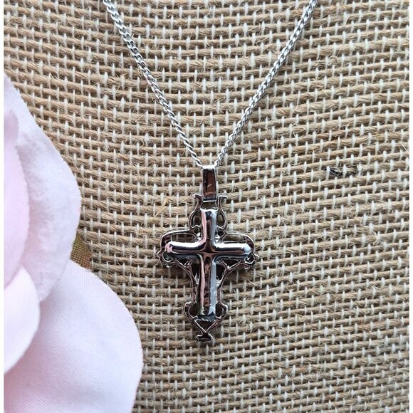 Annaleece Silver Tone Reversible Cross Pendant Necklace Crystal 18" Religious - Picture 5 of 11